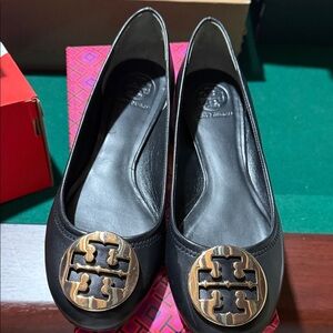 Tory Burch Black Flats with Gold Emblem
